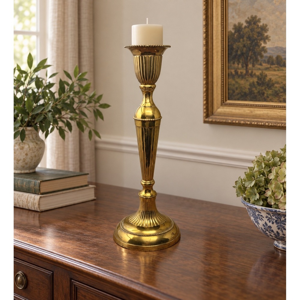 Vintage 15.5" Tall Brass Taper Pillar Candle Holder Ornate Fluted Beaded Decor